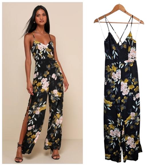 Lulus Pants - Lulus Beautiful Blooms Black Floral Print Split Wide Leg Jumpsuit Sz Small Boho